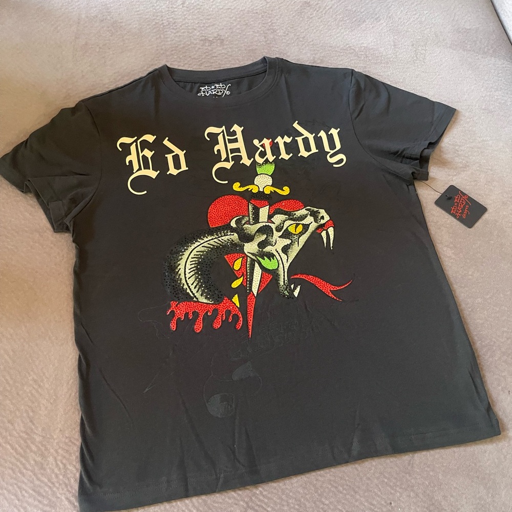 Ed Hardy Black Short-Sleeve Tee with Snake & Dagger Graphic